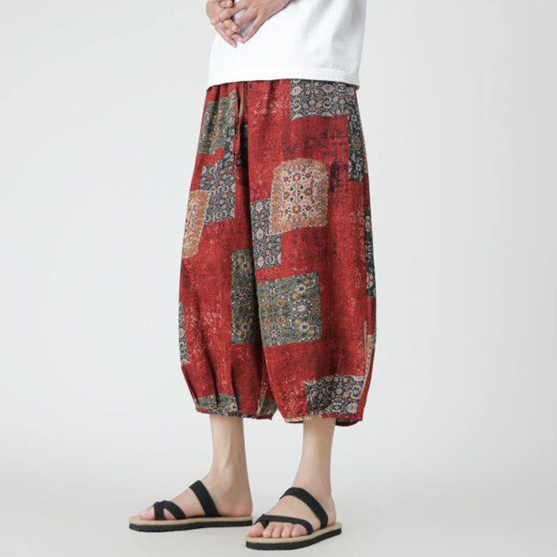 Buddha Stones夏 スクエア パッチワーク 象 曼荼羅 幾何学 コットン リネン メンズ 7-8丈 ポケット付きパンツ