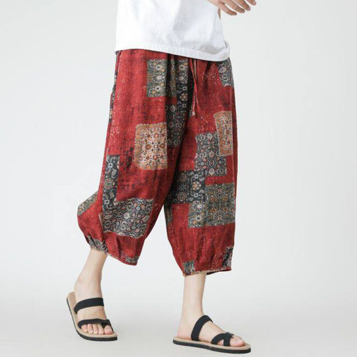 Buddha Stones夏 スクエア パッチワーク 象 曼荼羅 幾何学 コットン リネン メンズ 7-8丈 ポケット付きパンツ