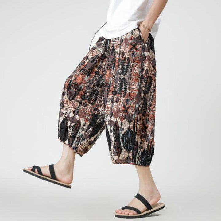 Buddha Stones夏 スクエア パッチワーク 象 曼荼羅 幾何学 コットン リネン メンズ 7-8丈 ポケット付きパンツ