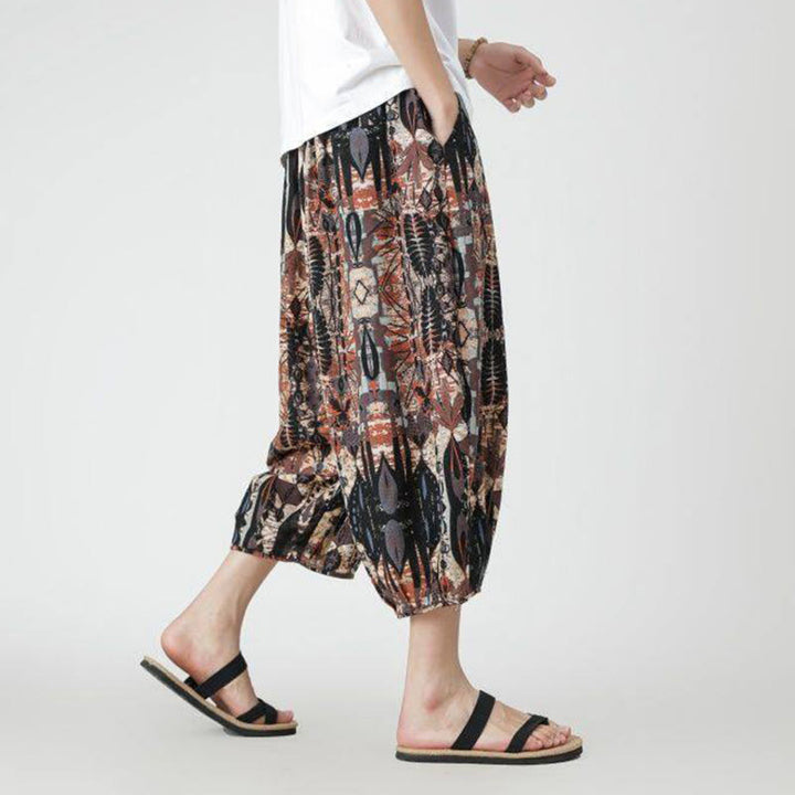 Buddha Stones夏 スクエア パッチワーク 象 曼荼羅 幾何学 コットン リネン メンズ 7-8丈 ポケット付きパンツ - image 13