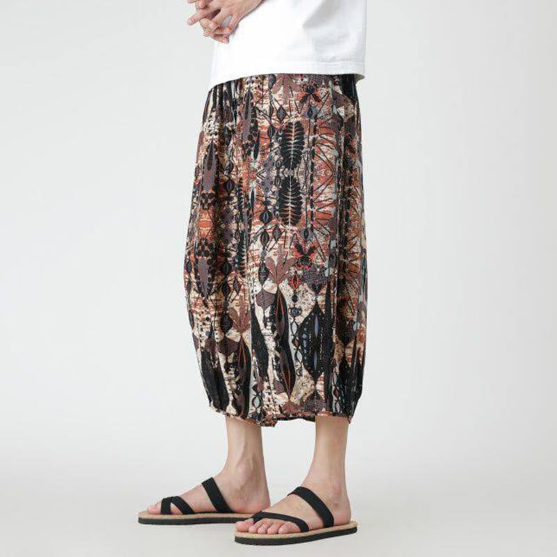 Buddha Stones夏 スクエア パッチワーク 象 曼荼羅 幾何学 コットン リネン メンズ 7-8丈 ポケット付きパンツ