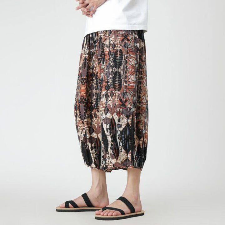 Buddha Stones夏 スクエア パッチワーク 象 曼荼羅 幾何学 コットン リネン メンズ 7-8丈 ポケット付きパンツ