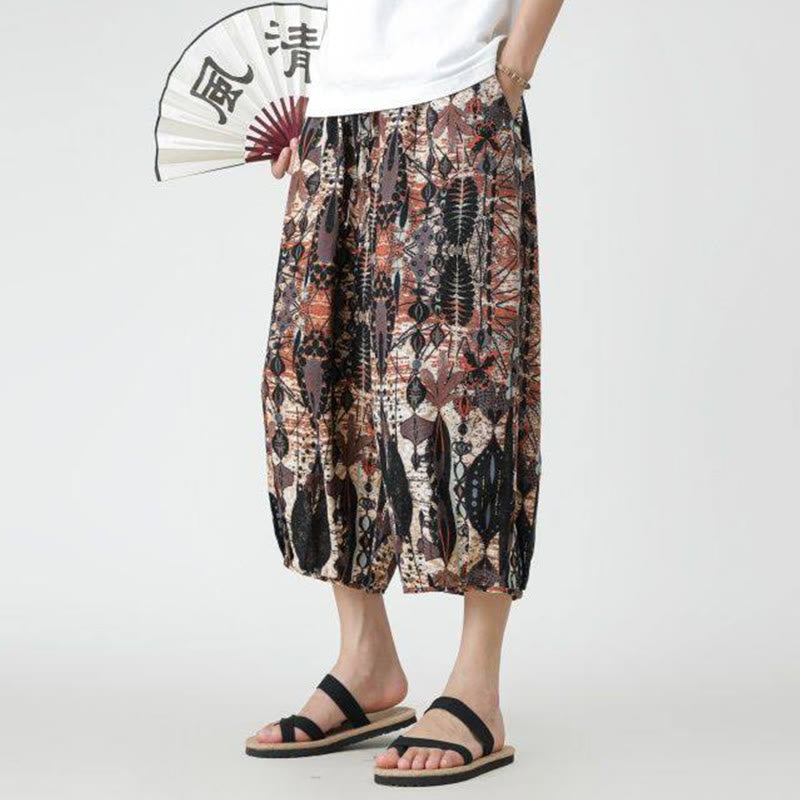 Buddha Stones夏 スクエア パッチワーク 象 曼荼羅 幾何学 コットン リネン メンズ 7-8丈 ポケット付きパンツ