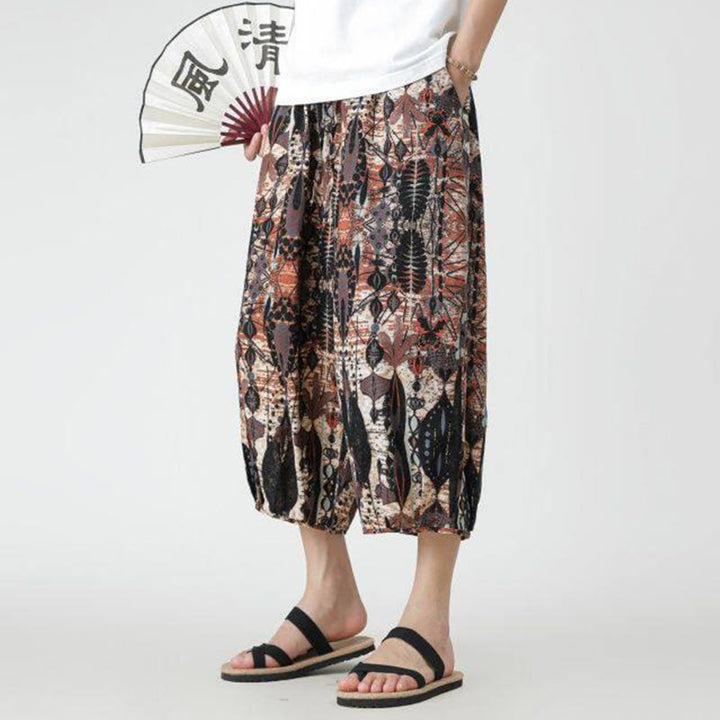 Buddha Stones夏 スクエア パッチワーク 象 曼荼羅 幾何学 コットン リネン メンズ 7-8丈 ポケット付きパンツ