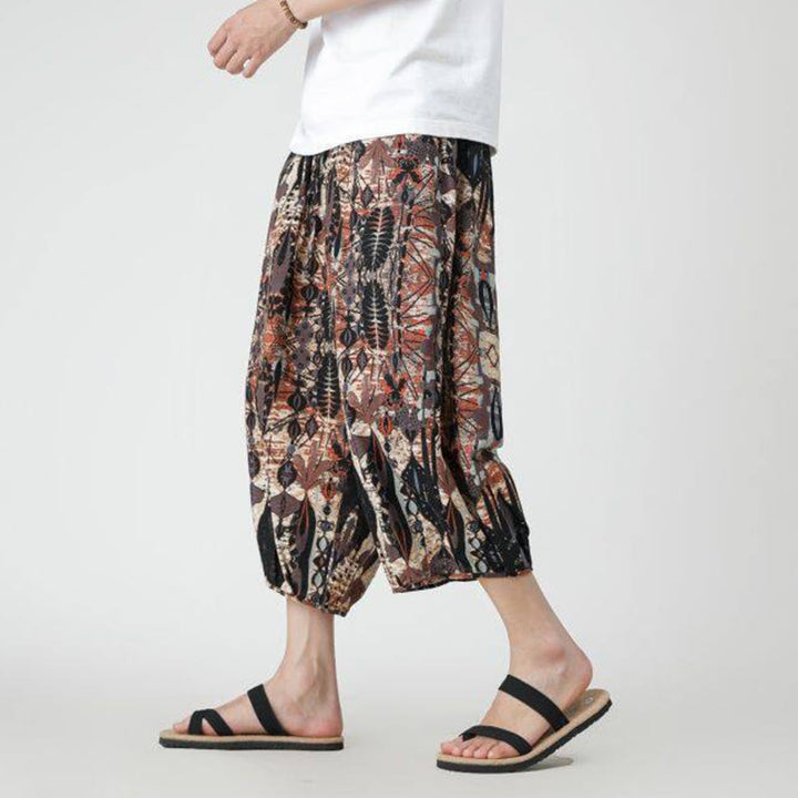 Buddha Stones夏 スクエア パッチワーク 象 曼荼羅 幾何学 コットン リネン メンズ 7-8丈 ポケット付きパンツ