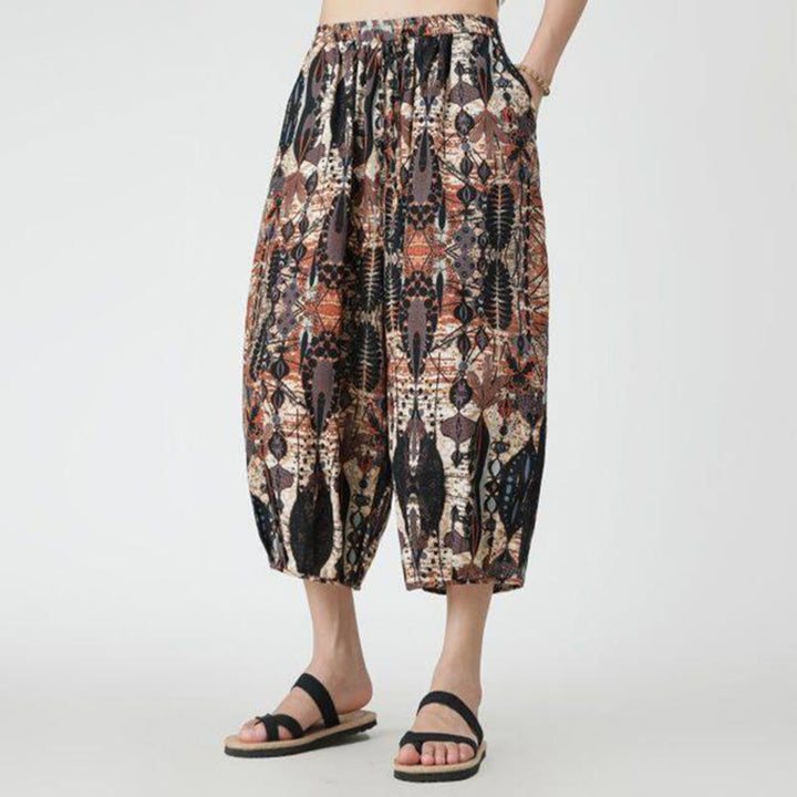 Buddha Stones夏 スクエア パッチワーク 象 曼荼羅 幾何学 コットン リネン メンズ 7-8丈 ポケット付きパンツ - image 16