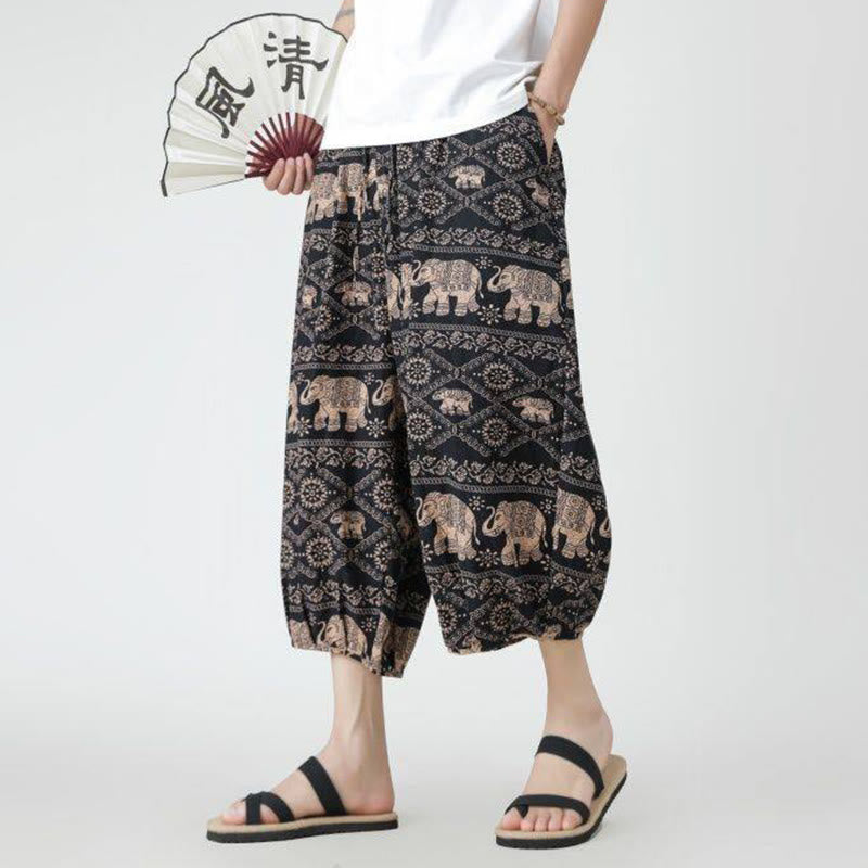 Buddha Stones夏 スクエア パッチワーク 象 曼荼羅 幾何学 コットン リネン メンズ 7-8丈 ポケット付きパンツ