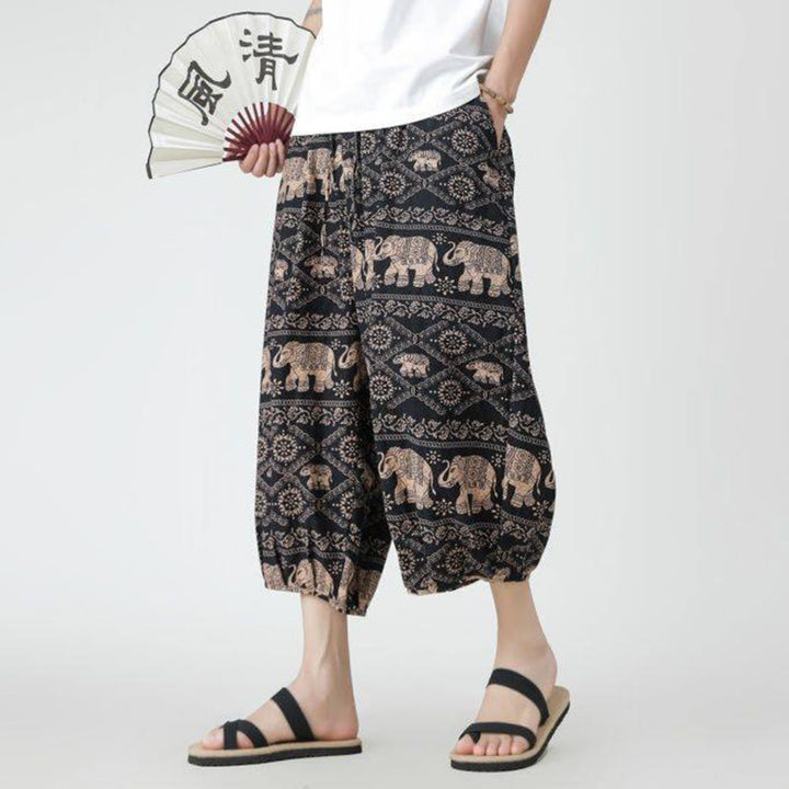 Buddha Stones夏 スクエア パッチワーク 象 曼荼羅 幾何学 コットン リネン メンズ 7-8丈 ポケット付きパンツ