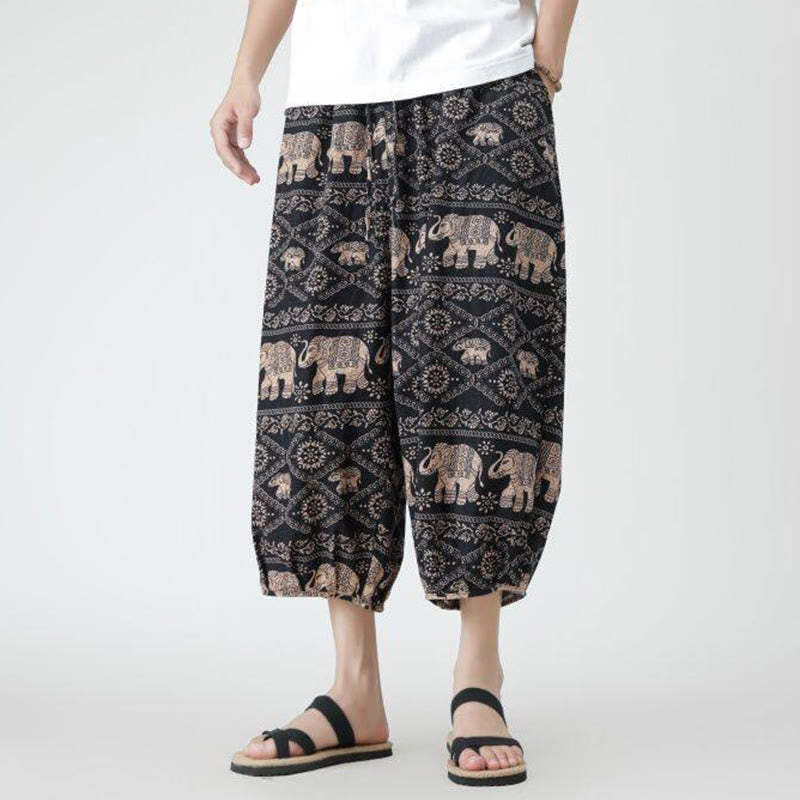 Buddha Stones夏 スクエア パッチワーク 象 曼荼羅 幾何学 コットン リネン メンズ 7-8丈 ポケット付きパンツ