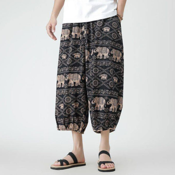 Buddha Stones夏 スクエア パッチワーク 象 曼荼羅 幾何学 コットン リネン メンズ 7-8丈 ポケット付きパンツ