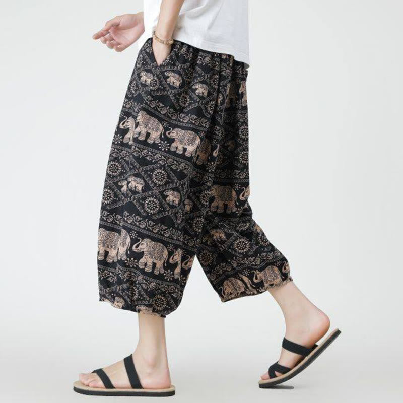 Buddha Stones夏 スクエア パッチワーク 象 曼荼羅 幾何学 コットン リネン メンズ 7-8丈 ポケット付きパンツ