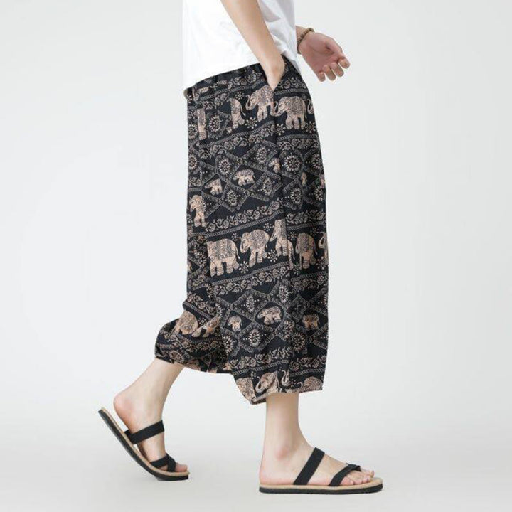 Buddha Stones夏 スクエア パッチワーク 象 曼荼羅 幾何学 コットン リネン メンズ 7-8丈 ポケット付きパンツ