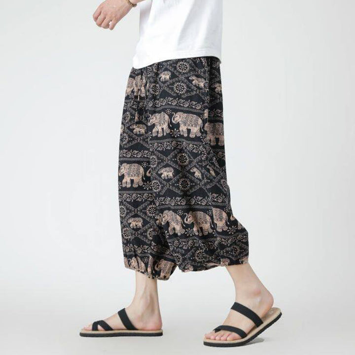 Buddha Stones夏 スクエア パッチワーク 象 曼荼羅 幾何学 コットン リネン メンズ 7-8丈 ポケット付きパンツ