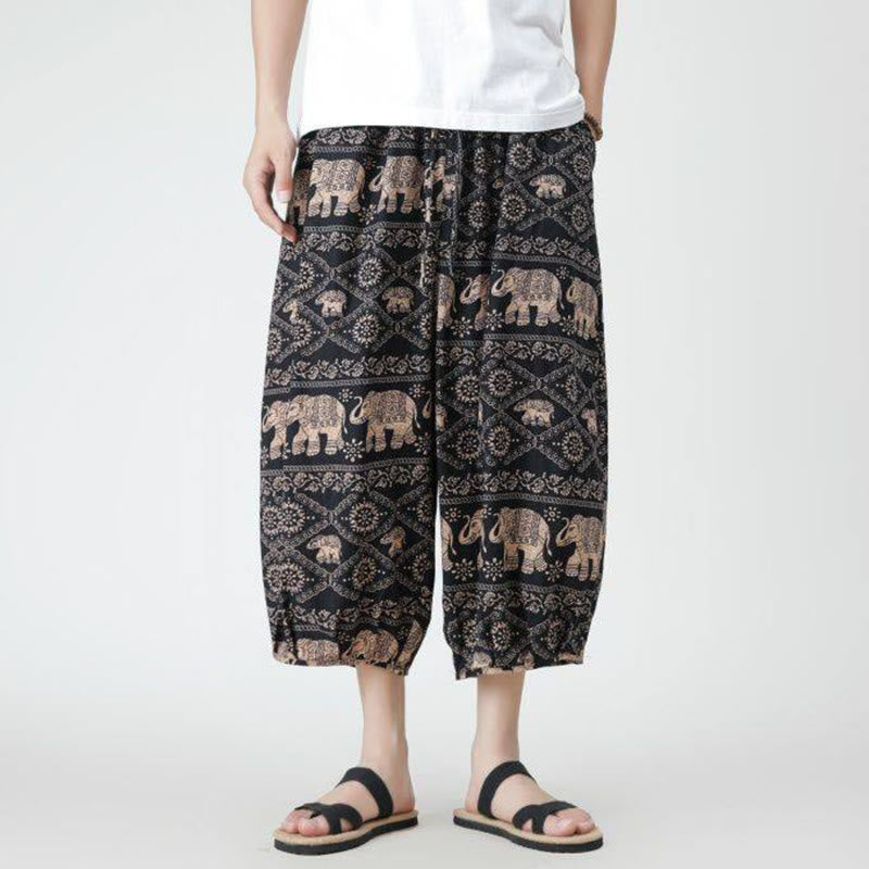 Buddha Stones夏 スクエア パッチワーク 象 曼荼羅 幾何学 コットン リネン メンズ 7-8丈 ポケット付きパンツ - image 21