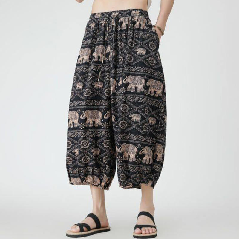 Buddha Stones夏 スクエア パッチワーク 象 曼荼羅 幾何学 コットン リネン メンズ 7-8丈 ポケット付きパンツ