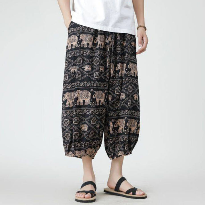 Buddha Stones夏 スクエア パッチワーク 象 曼荼羅 幾何学 コットン リネン メンズ 7-8丈 ポケット付きパンツ