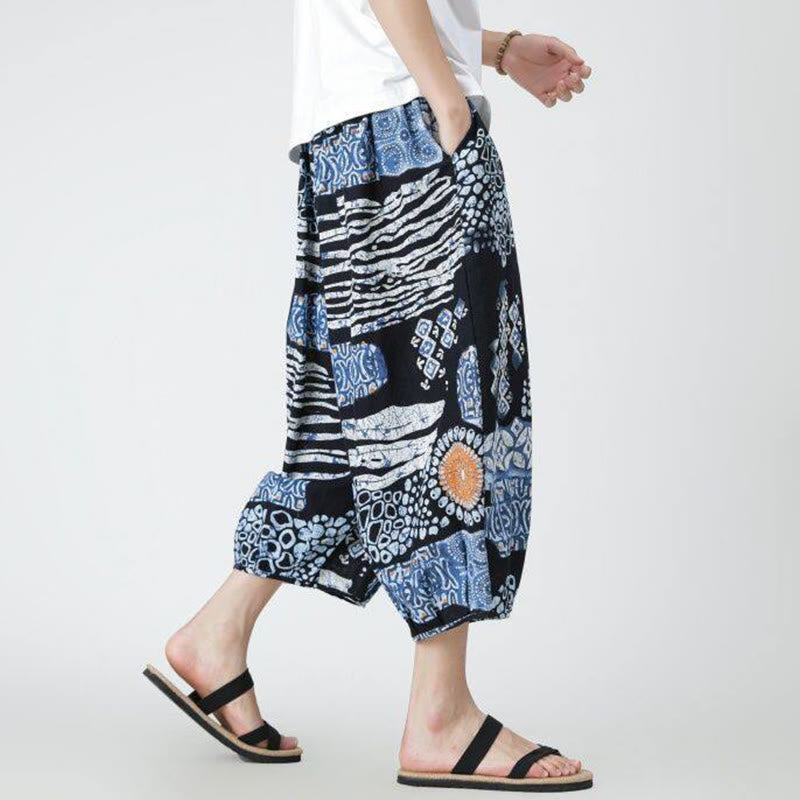 Buddha Stones夏 スクエア パッチワーク 象 曼荼羅 幾何学 コットン リネン メンズ 7-8丈 ポケット付きパンツ