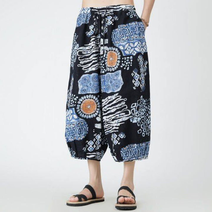 Buddha Stones夏 スクエア パッチワーク 象 曼荼羅 幾何学 コットン リネン メンズ 7-8丈 ポケット付きパンツ - image 38