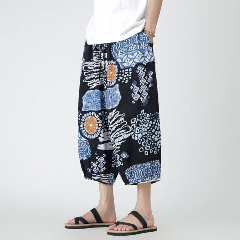 Buddha Stones夏 スクエア パッチワーク 象 曼荼羅 幾何学 コットン リネン メンズ 7-8丈 ポケット付きパンツ
