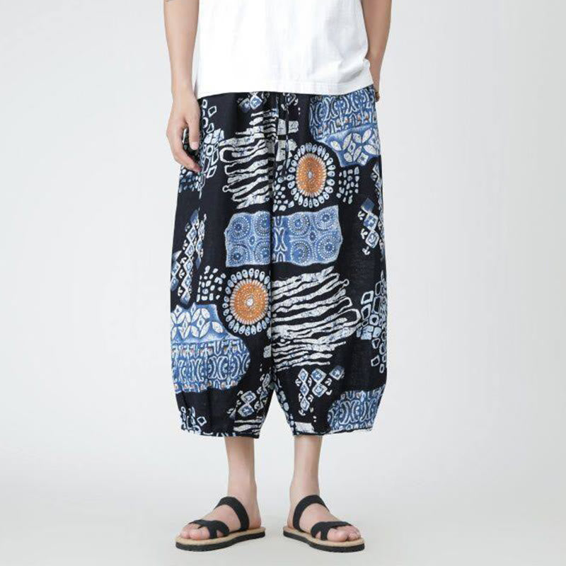Buddha Stones夏 スクエア パッチワーク 象 曼荼羅 幾何学 コットン リネン メンズ 7-8丈 ポケット付きパンツ