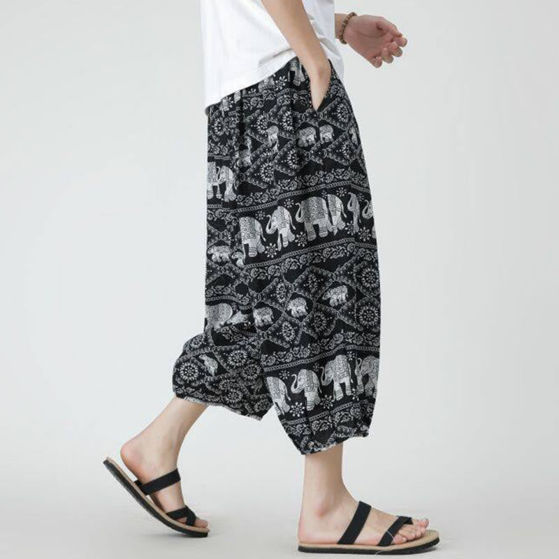 Buddha Stones夏 スクエア パッチワーク 象 曼荼羅 幾何学 コットン リネン メンズ 7-8丈 ポケット付きパンツ