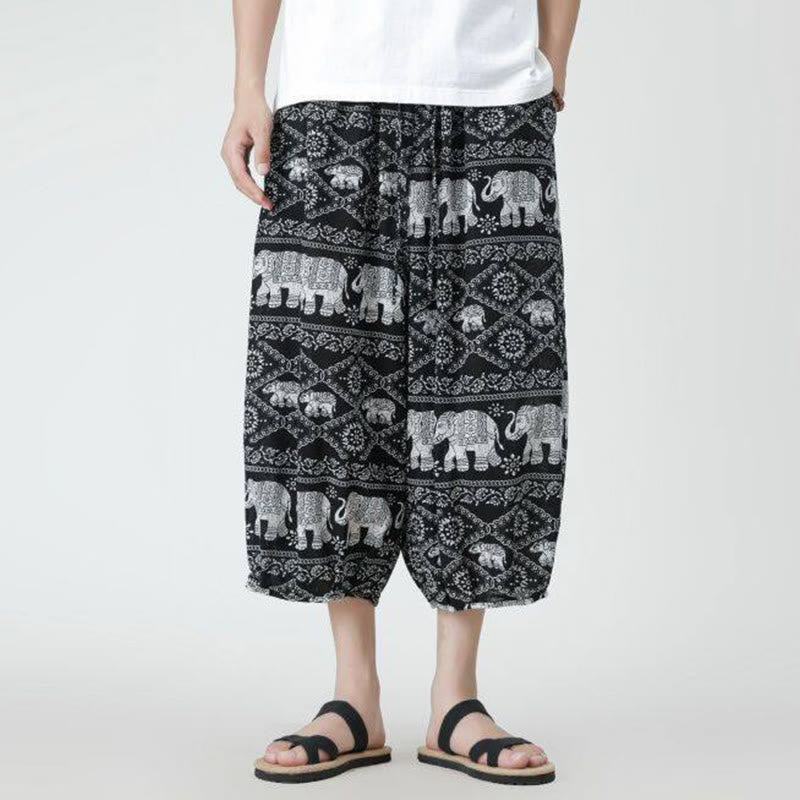 Buddha Stones夏 スクエア パッチワーク 象 曼荼羅 幾何学 コットン リネン メンズ 7-8丈 ポケット付きパンツ