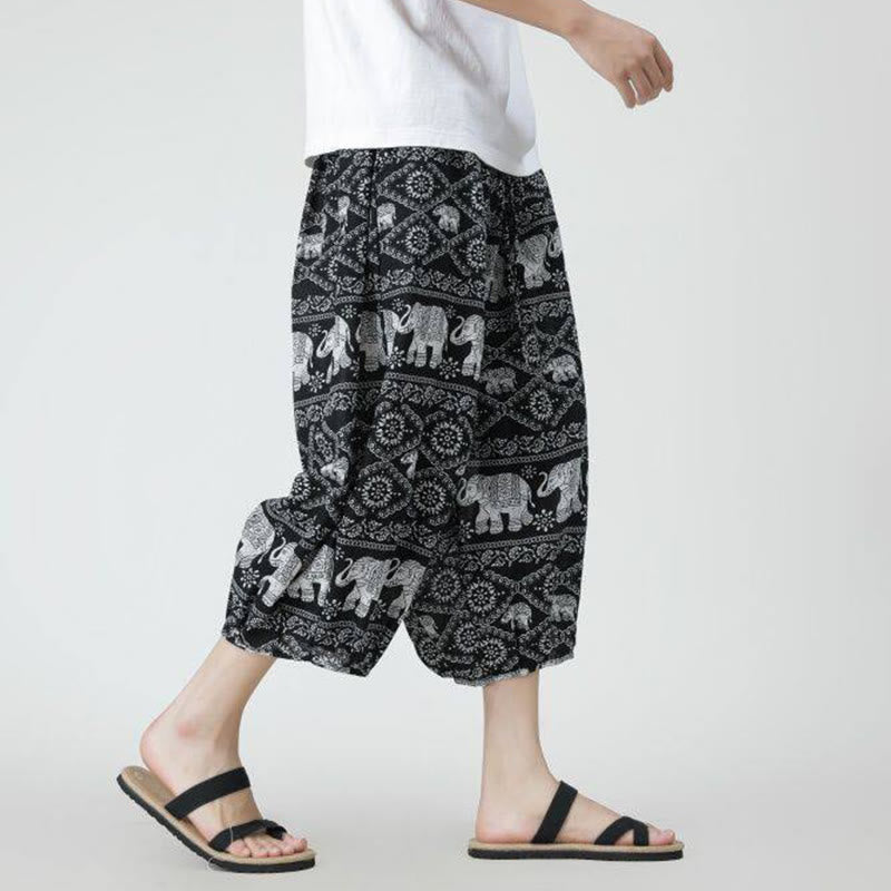 Buddha Stones夏 スクエア パッチワーク 象 曼荼羅 幾何学 コットン リネン メンズ 7-8丈 ポケット付きパンツ