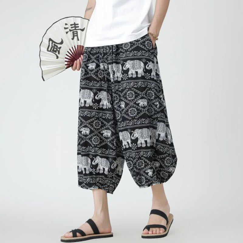 Buddha Stones夏 スクエア パッチワーク 象 曼荼羅 幾何学 コットン リネン メンズ 7-8丈 ポケット付きパンツ
