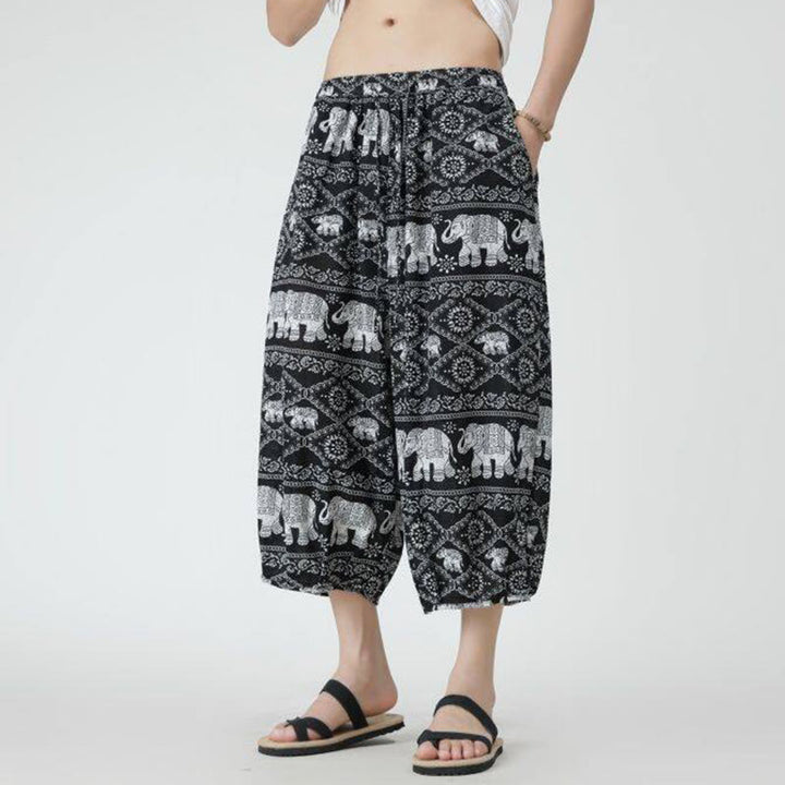 Buddha Stones夏 スクエア パッチワーク 象 曼荼羅 幾何学 コットン リネン メンズ 7-8丈 ポケット付きパンツ
