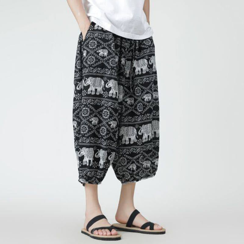 Buddha Stones夏 スクエア パッチワーク 象 曼荼羅 幾何学 コットン リネン メンズ 7-8丈 ポケット付きパンツ