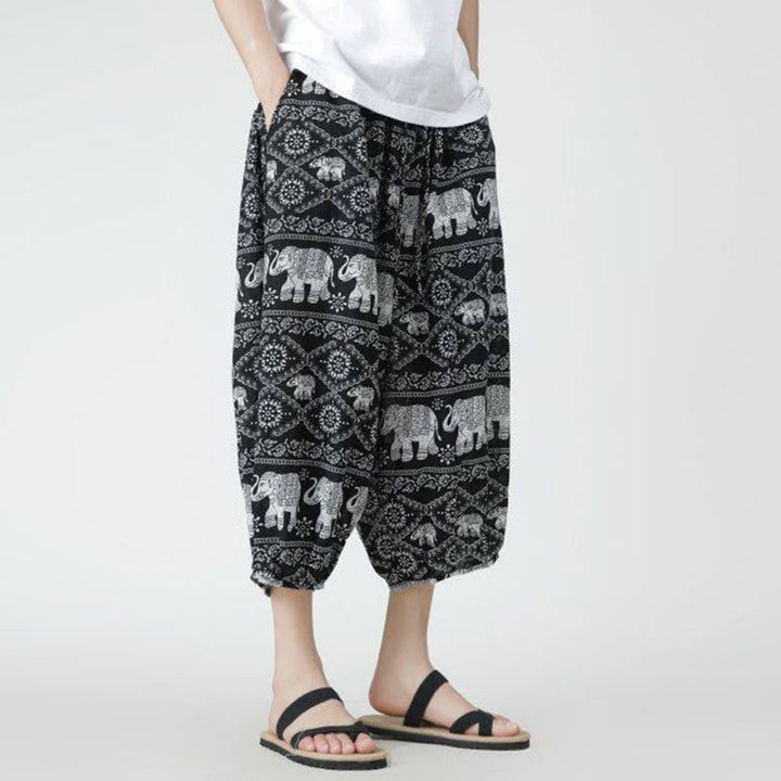 Buddha Stones夏 スクエア パッチワーク 象 曼荼羅 幾何学 コットン リネン メンズ 7-8丈 ポケット付きパンツ