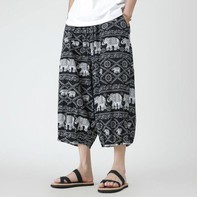 Buddha Stones夏 スクエア パッチワーク 象 曼荼羅 幾何学 コットン リネン メンズ 7-8丈 ポケット付きパンツ