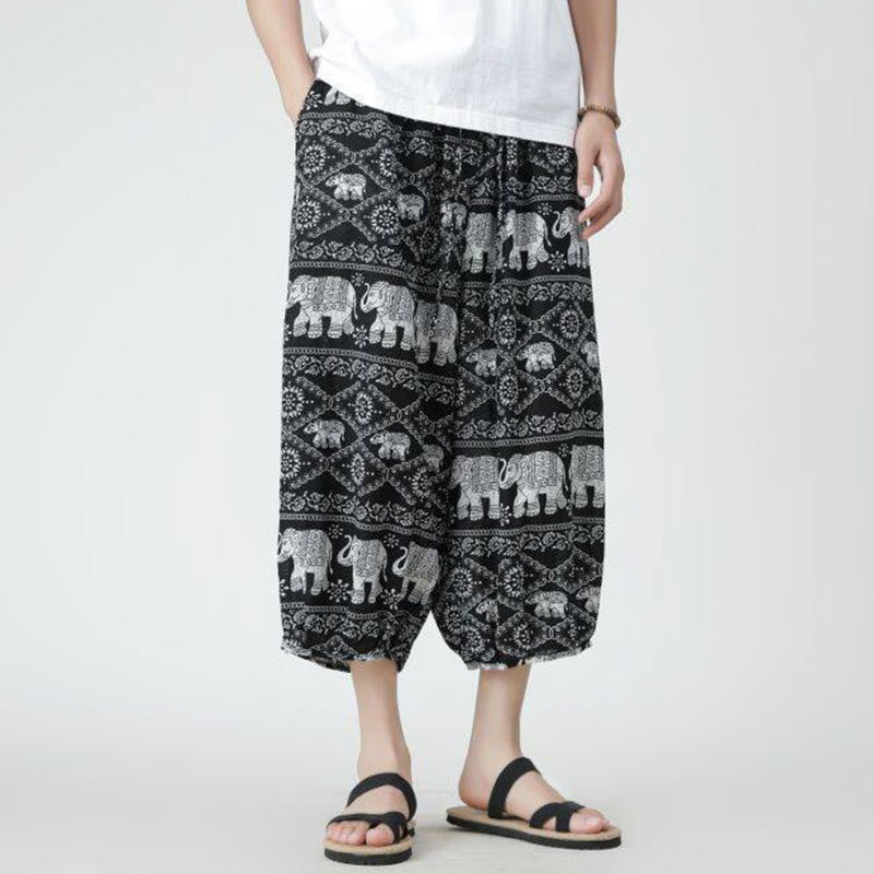 Buddha Stones夏 スクエア パッチワーク 象 曼荼羅 幾何学 コットン リネン メンズ 7-8丈 ポケット付きパンツ
