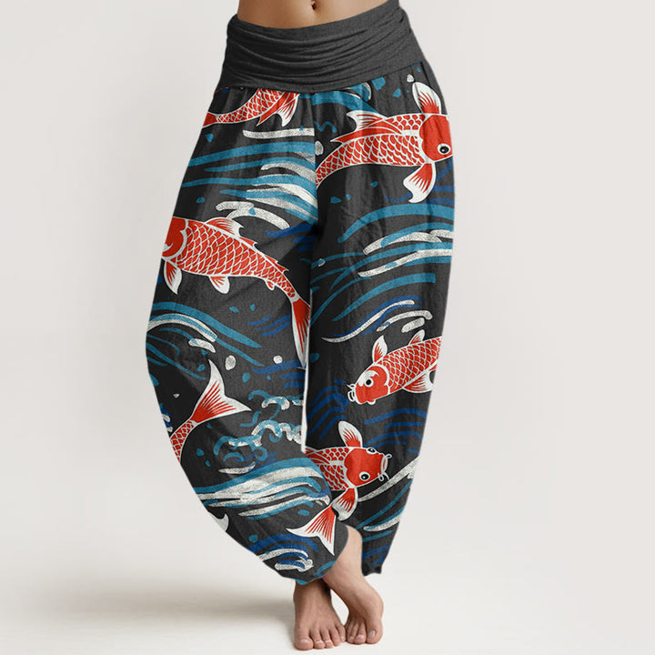 Buddha Stonesカジュアルウェーブ鯉柄 レディース 伸縮性ウエスト ハーレムパンツ - 黒 - US22、 UK/AU26、 EU54 (6XL) - image 5
