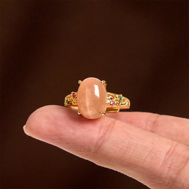 Buddha Stones 中空つるデザイン ピーチムーンストーン 調節可能幸せリング - image 3