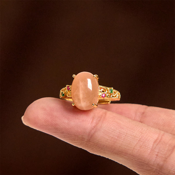 Buddha Stones 中空つるデザイン ピーチムーンストーン 調節可能幸せリング - image 3