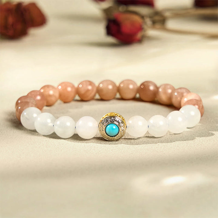 Buddha Stonesナチュラルピーチムーンストーン アクアマリン スージングブレスレット