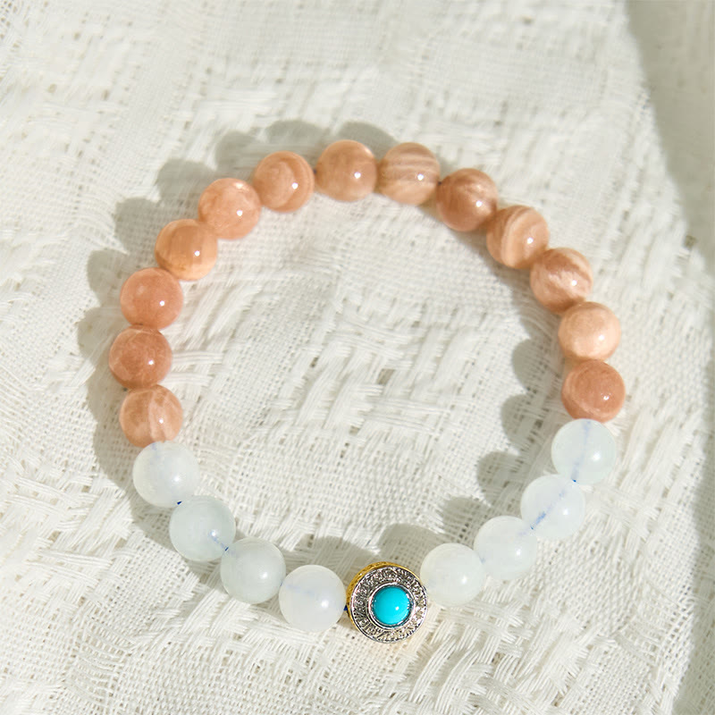 Buddha Stonesナチュラルピーチムーンストーン アクアマリン スージングブレスレット