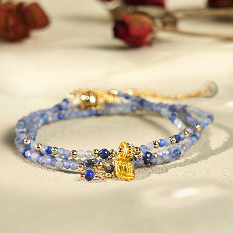 Buddha Stones3mm 極薄ビーズ 天然ラズライト トリプルラップ 福文字 ポジティブブレスレット