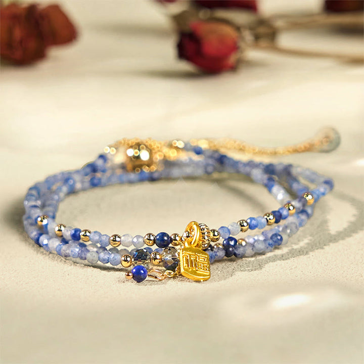 Buddha Stones3mm 極薄ビーズ 天然ラズライト トリプルラップ 福文字 ポジティブブレスレット