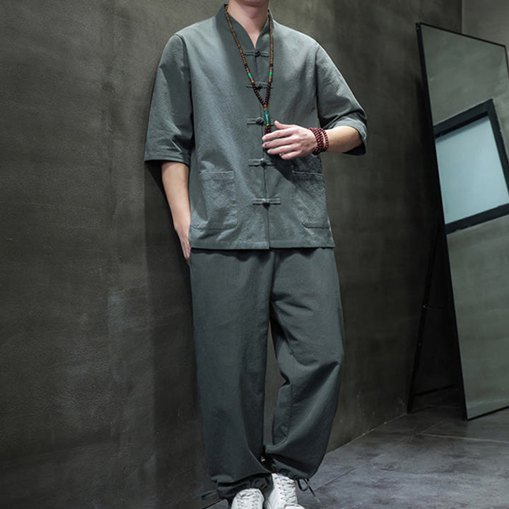 Buddha Stones 2点セット 唐装 カエルボタンデザイン シャツパンツ ポケット付き メンズ コットンリネン 瞑想用布セット - image 3