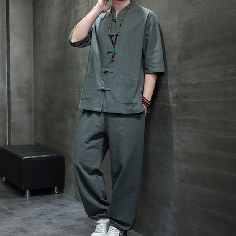 Buddha Stones 2点セット 唐装 カエルボタンデザイン シャツパンツ ポケット付き メンズ コットンリネン 瞑想用布セット - image 1