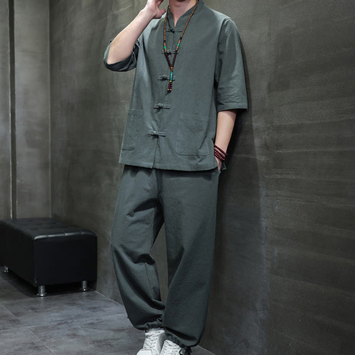 Buddha Stones 2点セット 唐装 カエルボタンデザイン シャツパンツ ポケット付き メンズ コットンリネン 瞑想用布セット - image 1