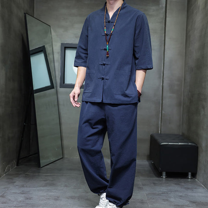 Buddha Stones 2点セット 唐装 カエルボタンデザイン シャツパンツ ポケット付き メンズ コットンリネン 瞑想用布セット - スティールブルー - US/UK/AU46、 EU56 (5XL) - image 13