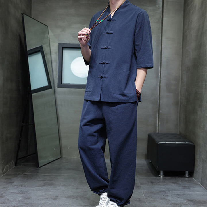 Buddha Stones 2点セット 唐装 カエルボタンデザイン シャツパンツ ポケット付き メンズ コットンリネン 瞑想用布セット - image 18