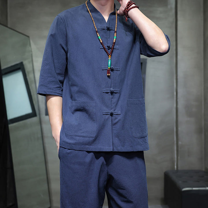 Buddha Stones 2点セット 唐装 カエルボタンデザイン シャツパンツ ポケット付き メンズ コットンリネン 瞑想用布セット - image 20