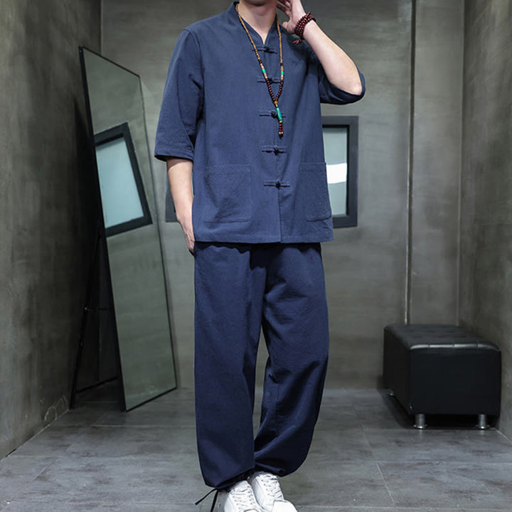 Buddha Stones 2点セット 唐装 カエルボタンデザイン シャツパンツ ポケット付き メンズ コットンリネン 瞑想用布セット - image 19