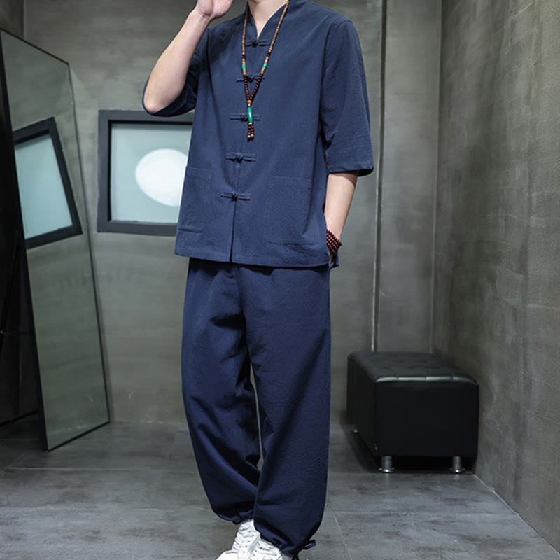 Buddha Stones 2点セット 唐装 カエルボタンデザイン シャツパンツ ポケット付き メンズ コットンリネン 瞑想用布セット - image 17