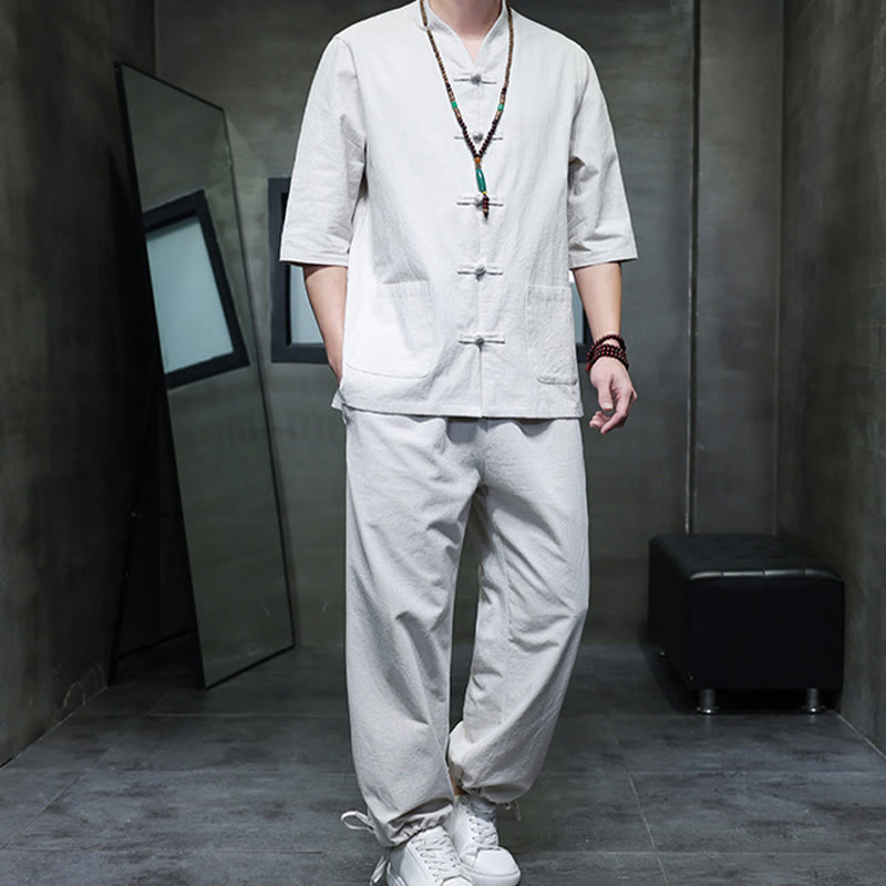 Buddha Stones 2点セット 唐装 カエルボタンデザイン シャツパンツ ポケット付き メンズ コットンリネン 瞑想用布セット - image 24