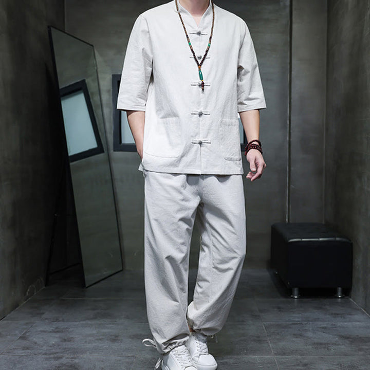 Buddha Stones 2点セット 唐装 カエルボタンデザイン シャツパンツ ポケット付き メンズ コットンリネン 瞑想用布セット - image 24